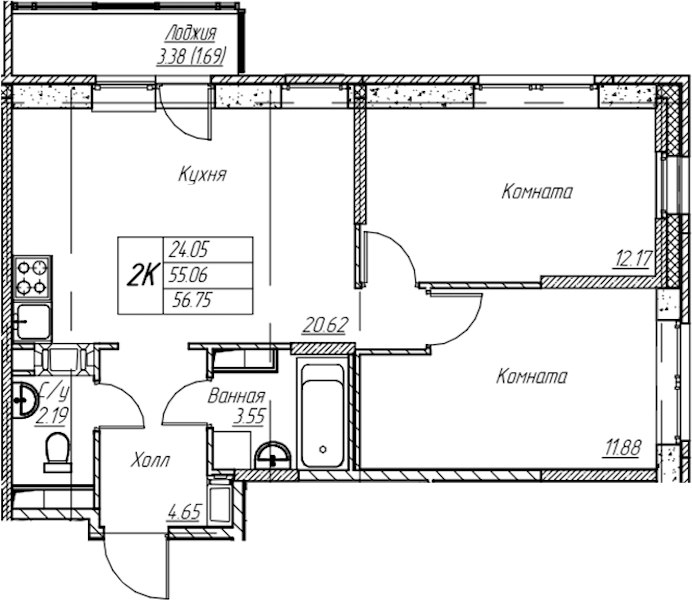 2-комнатная квартира 56.7 м², 7/22 эт., ЖК «Парк-квартал Юнтолово»